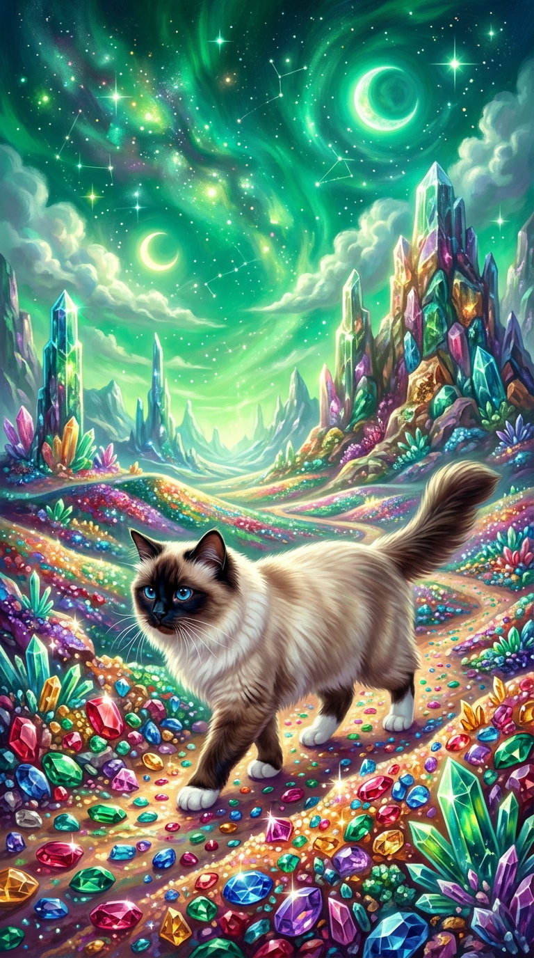 A fluffy cat walks through a vibrant landscape filled with colorful crystals under a starry sky with swirling green and blue clouds.