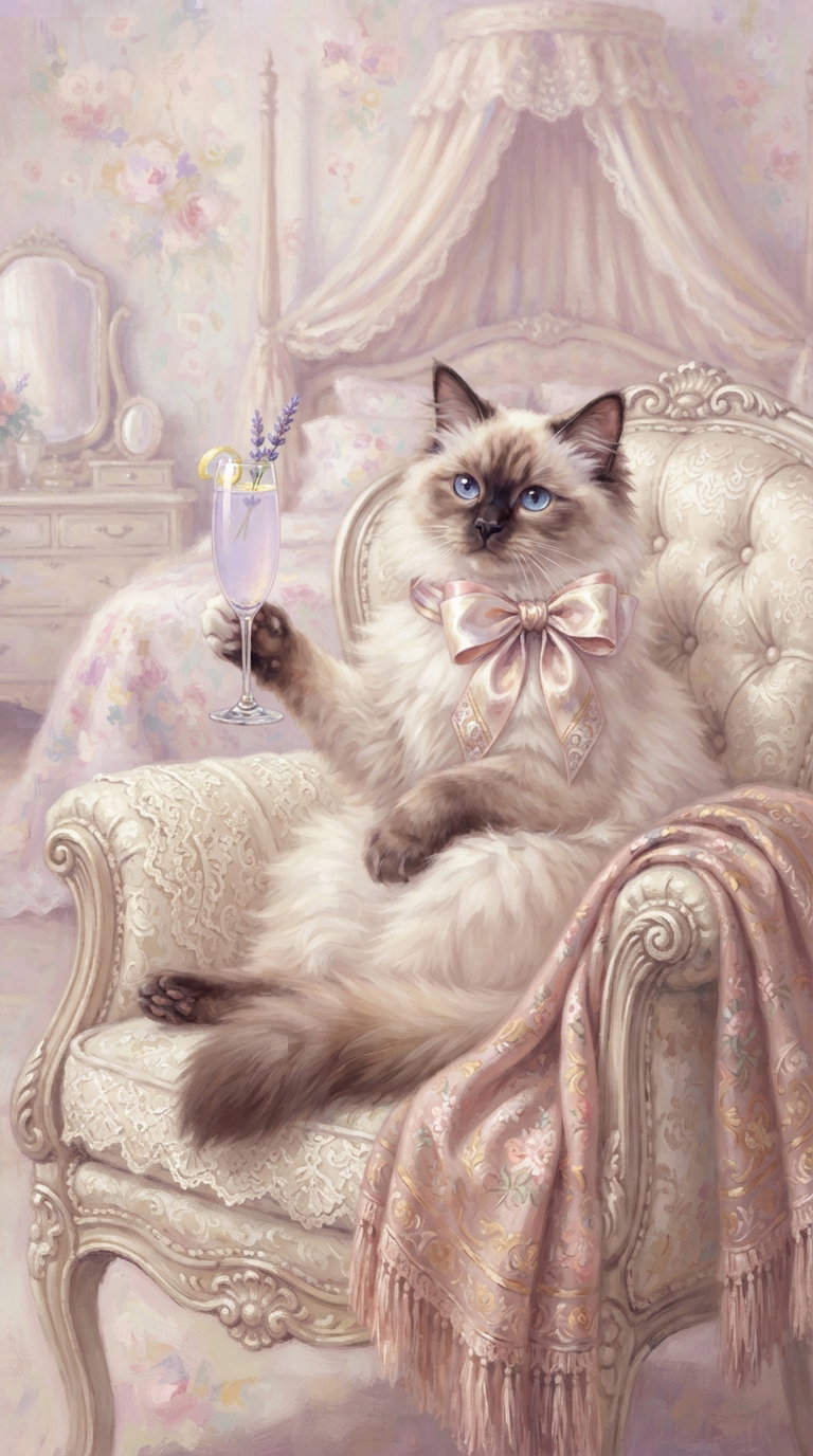 A fluffy kitten with blue eyes wearing a bow tie, sitting on an ornate armchair, holding a glass of pink drink. The background features a pastel, floral-themed room.