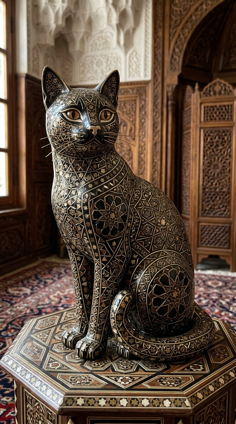 A detailed antique cat sculpture with intricate patterns, placed on an ornate table in a richly decorated interior.