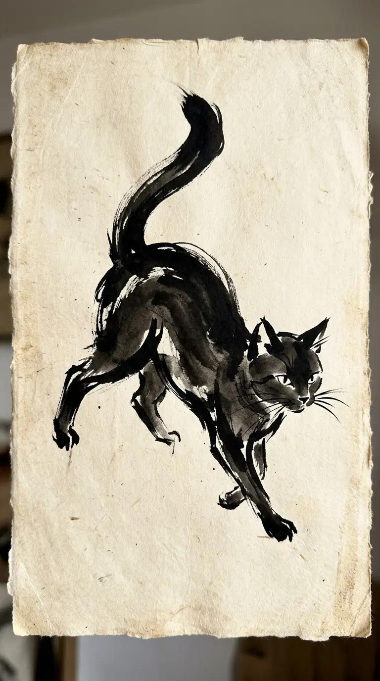 Elegant Ink Illustration of a Black Cat in Motion