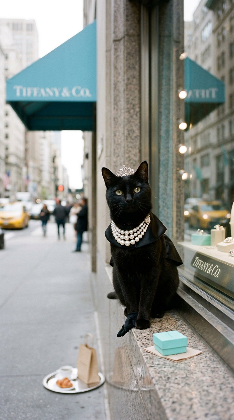 A black cat wearing a tiara and pearls sits elegantly outside a Tiffany & Co. store, with a turquoise box nearby.