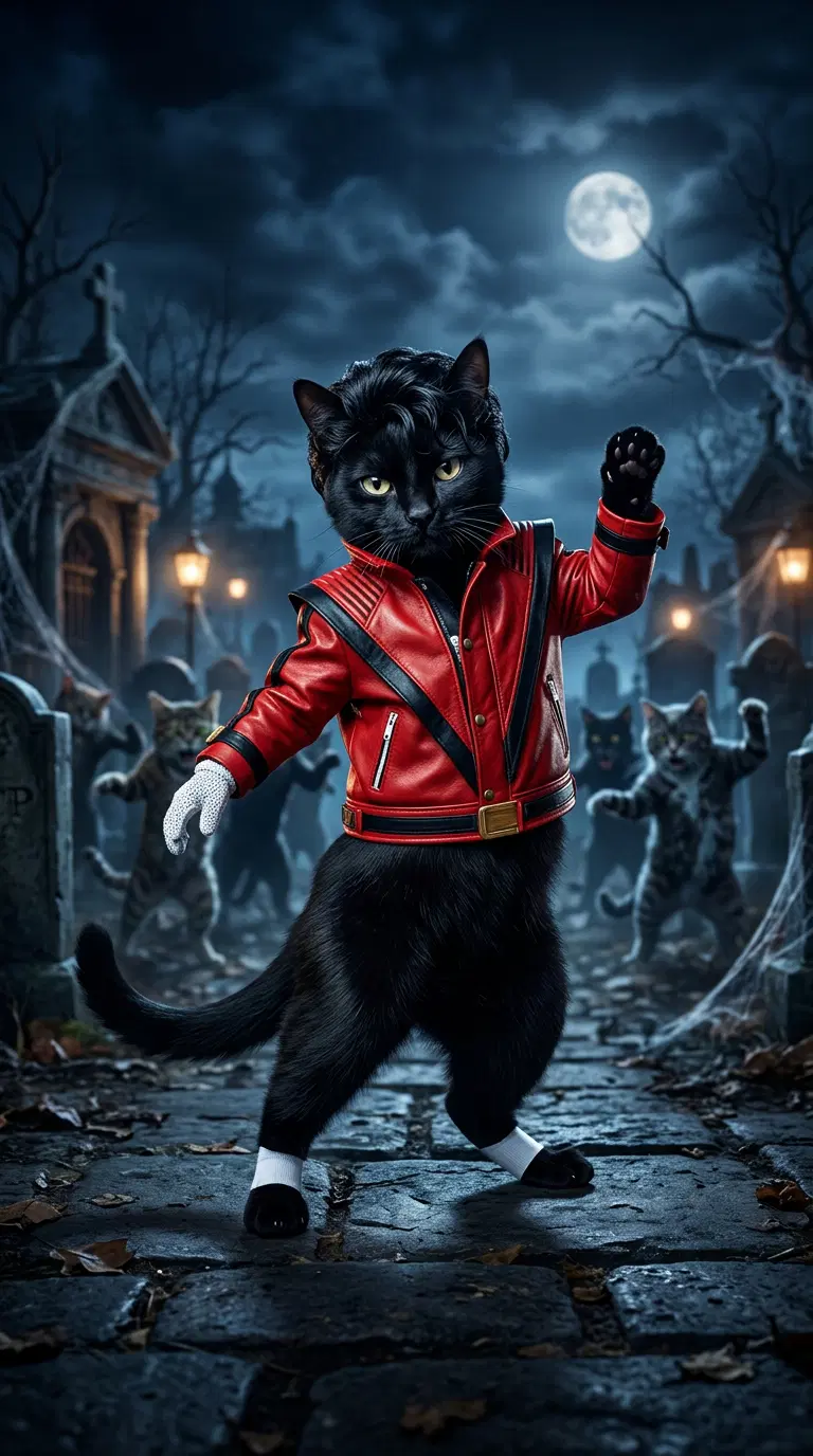 Whimsical Black Cat in a Michael Jackson Style Outfit