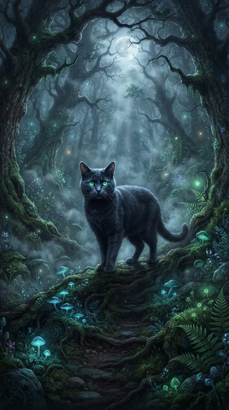 A Mystical Black Cat in an Enchanted Forest