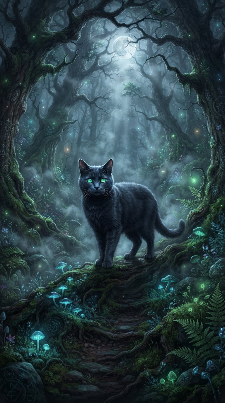 A black cat stands on a mossy path surrounded by lush green ferns and glowing mushrooms in a mystical forest.