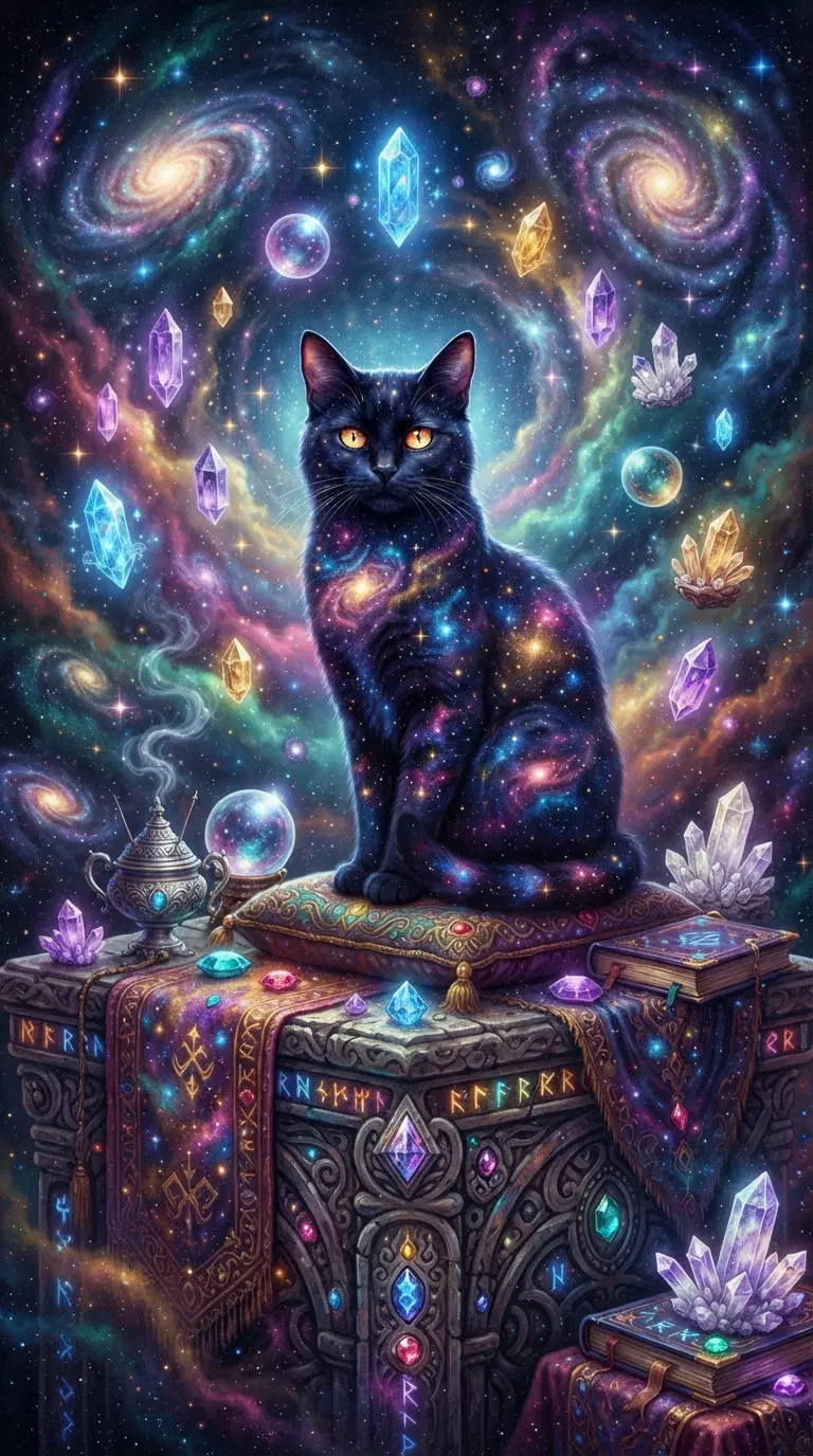 A Mystical Black Cat Surrounded by Cosmic Crystals and Galaxies