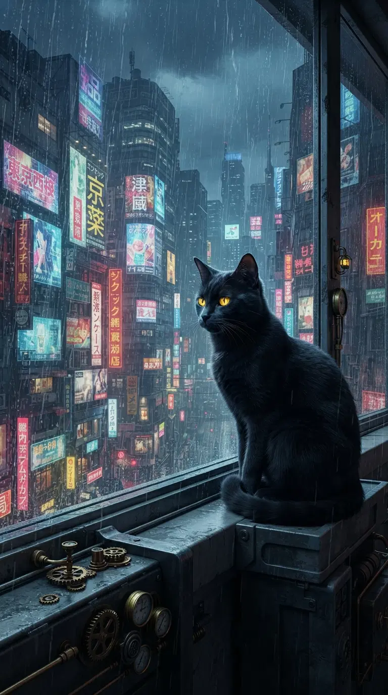 A black cat gazing out a rainy city window with neon lights