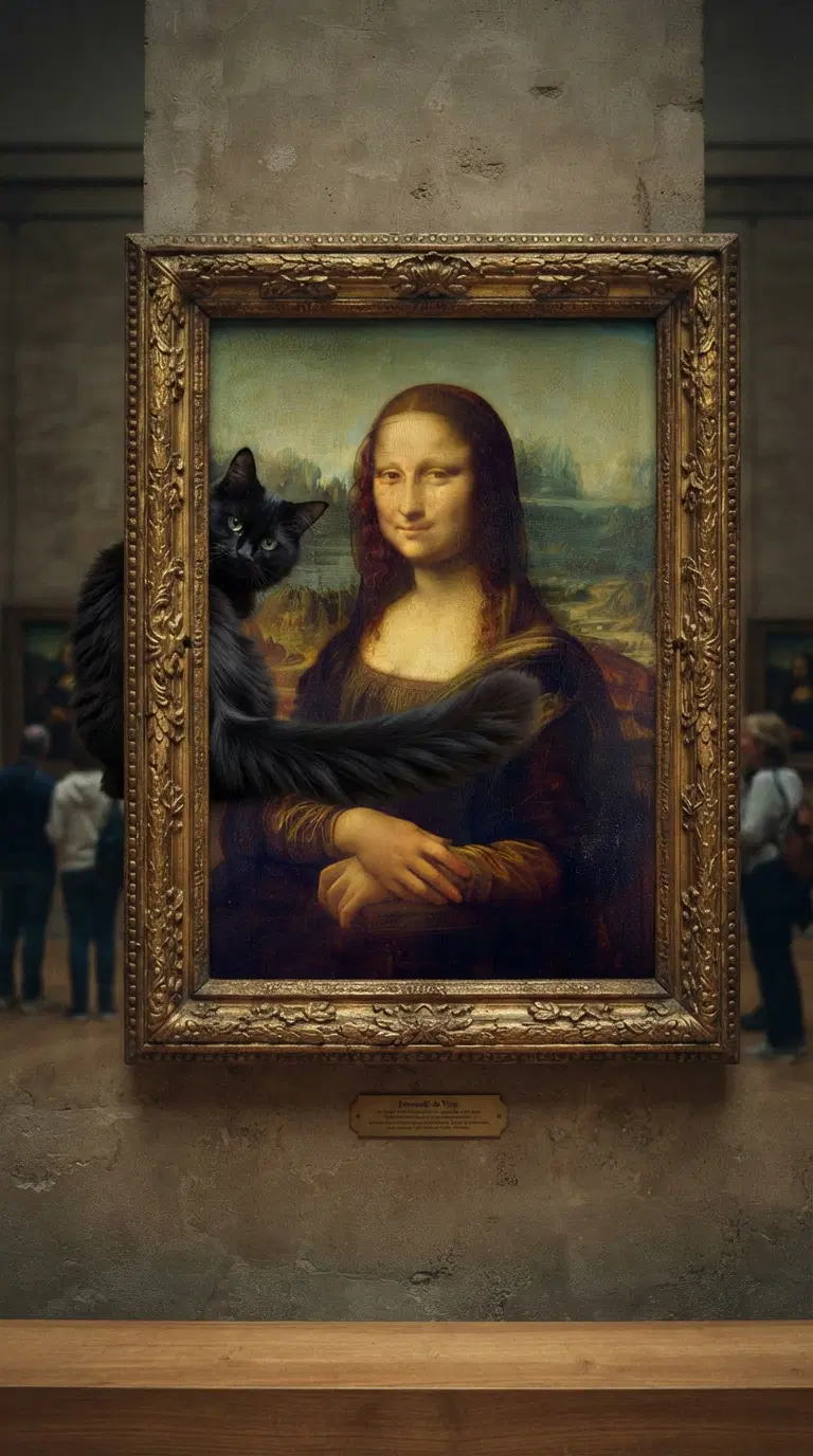 A Playful Cat Interacting with the Mona Lisa Painting