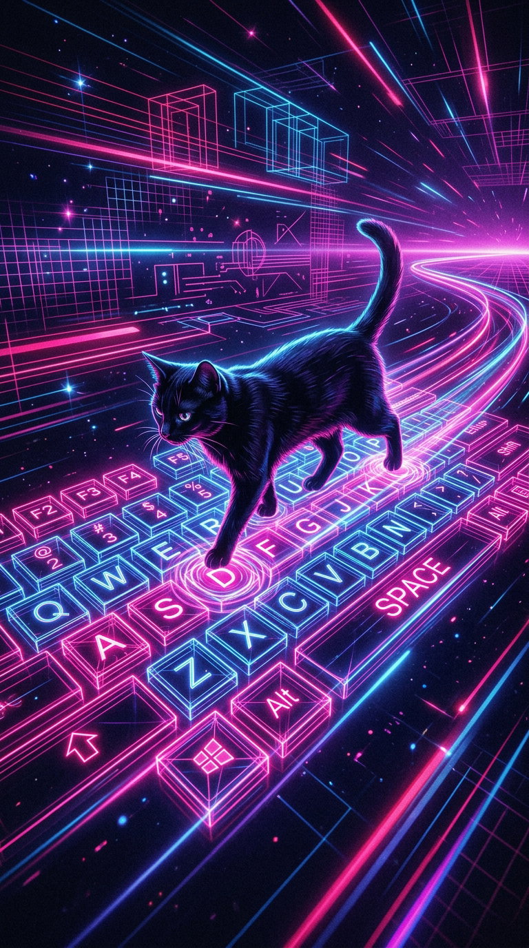 A black cat walking on a glowing keyboard with vibrant neon colors and geometric patterns in a cyberpunk style.