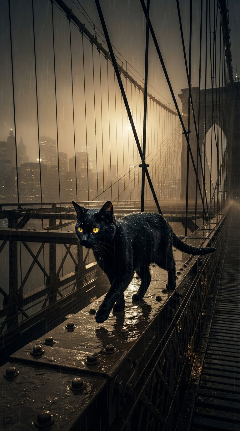A black cat with bright yellow eyes walks on a wet bridge with a city skyline in the background under gloomy weather.