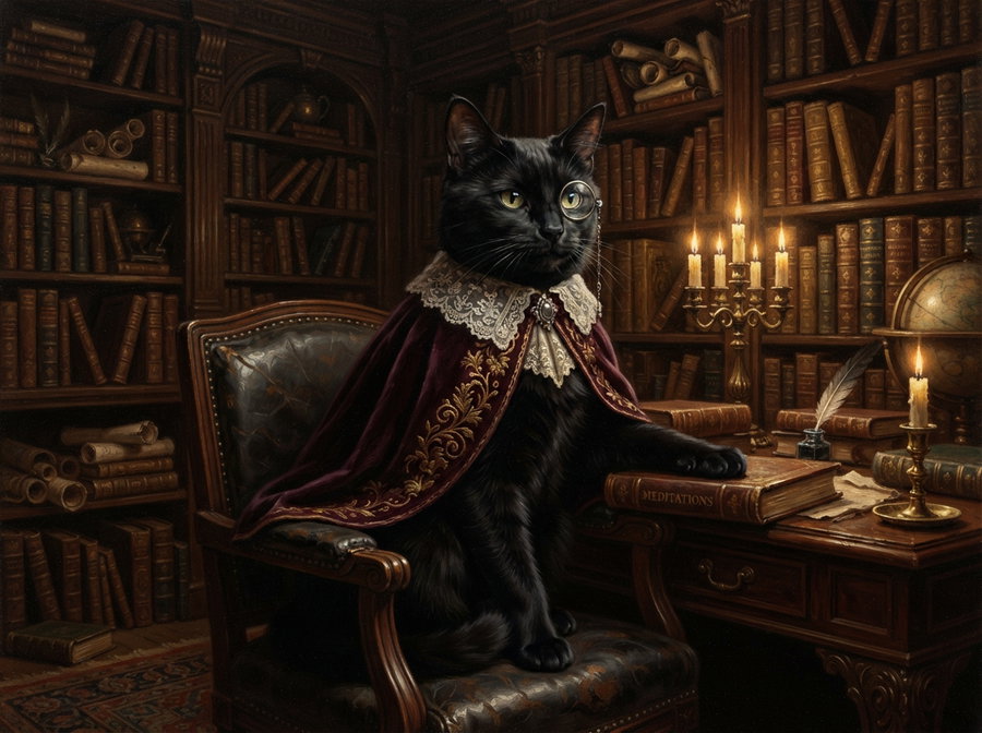 A black cat wearing a regal cloak, sitting at a desk surrounded by books and candles, in a dimly lit library.