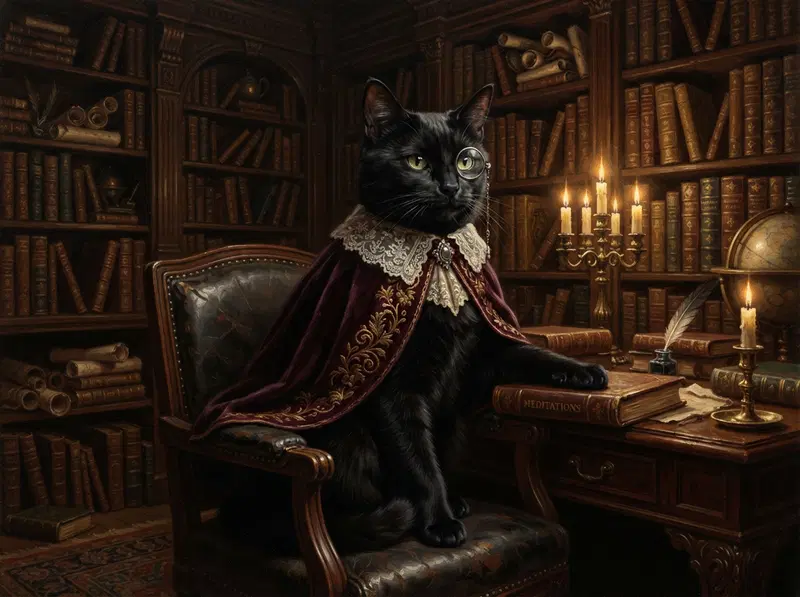 A regal black cat in a richly decorated library setting