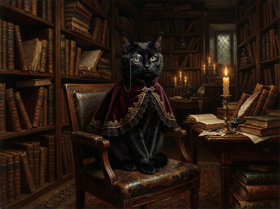 A black cat wearing a monocle and a cloak sitting in an ornate chair in a dimly lit library filled with books and candles.