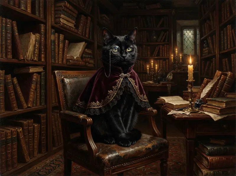 A sophisticated black cat in a library setting