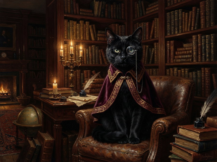 A sophisticated black cat sitting in a library, dressed in a purple cloak with a monocle, surrounded by books and candles.