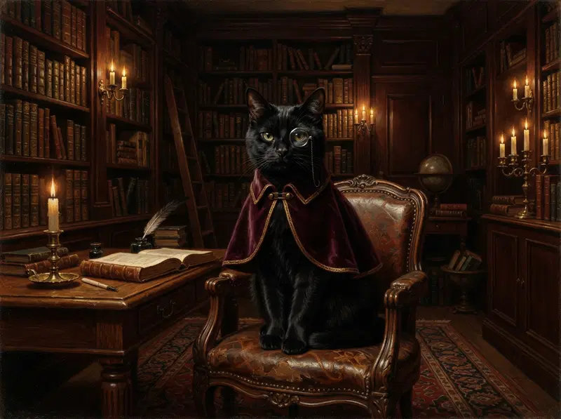 Elegant Black Cat in a Vintage Library Setting