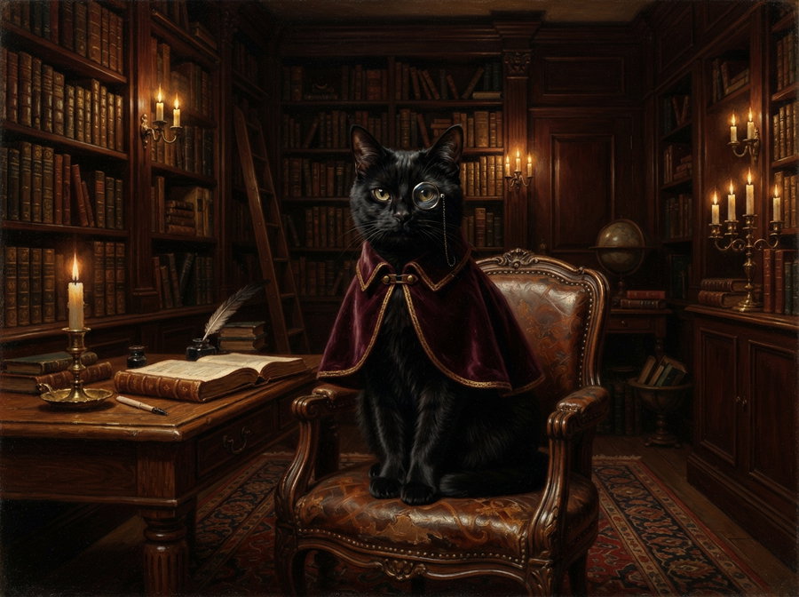 A black cat with a monocle and a cloak sitting on a chair in a dimly lit library filled with books and candles.