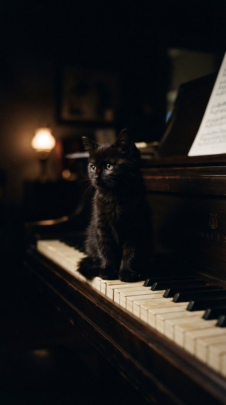 A sleek black cat sitting on the keys of a piano, with a dimly lit room in the background.
