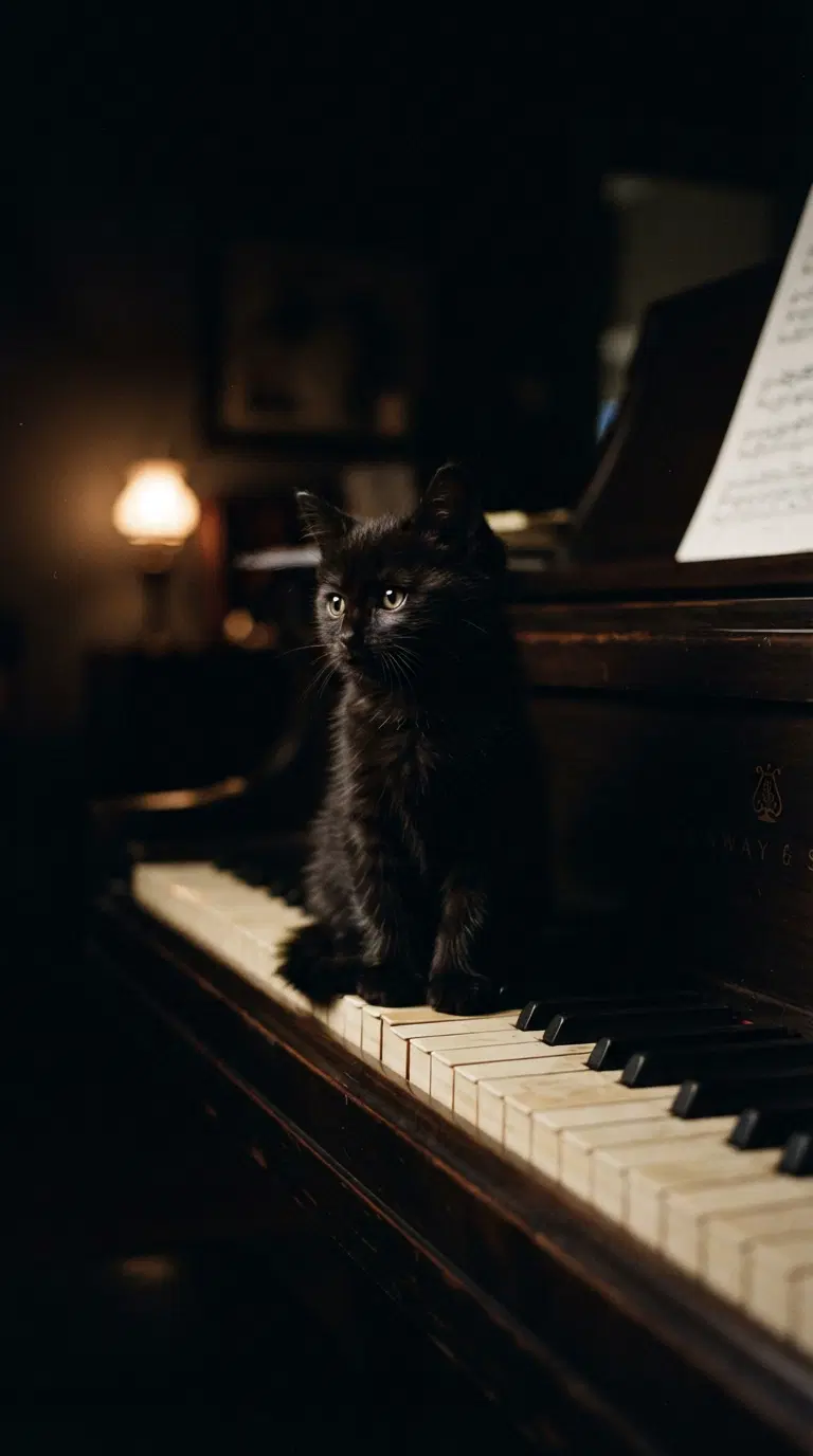 Elegant black cat perched on a vintage piano