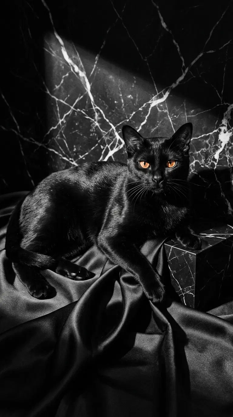 Elegant Black Cat Resting on Luxurious Black Fabric