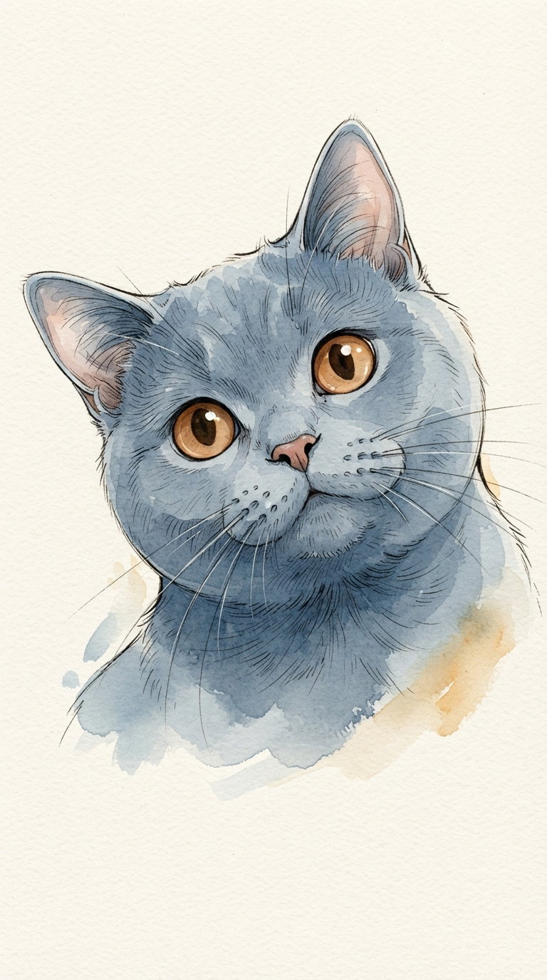 A watercolor illustration depicting a close-up of a gray cat's face, featuring large brown eyes and delicate details.