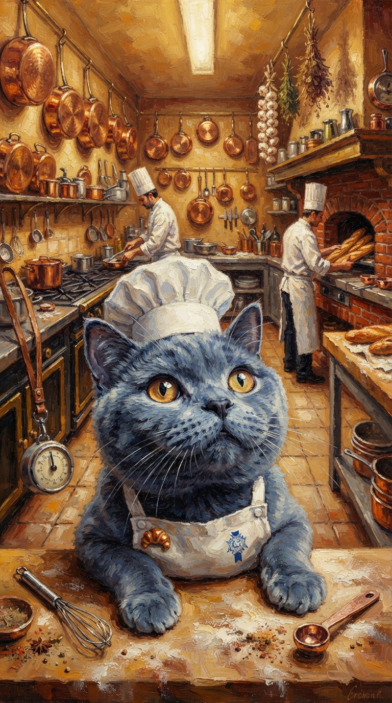 A blue cat wearing a chef's hat and apron sits at a kitchen counter with cooking tools. In the background, two chefs are working in a warm, rustic kitchen filled with copper cookware.