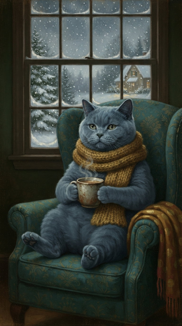 A blue cat wearing a knitted scarf sits comfortably in a chair, holding a cup, with a snowy scene visible through the window.