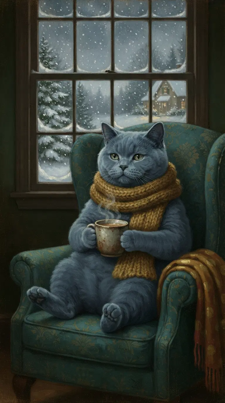 A Cozy Blue Cat Enjoying a Winter Afternoon with a Warm Drink