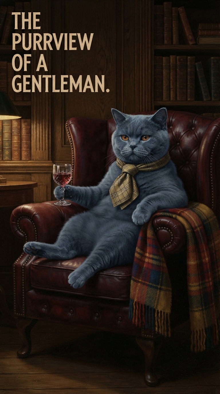 A British Shorthair cat sitting in a luxurious armchair, holding a glass, wearing a scarf and a plaid throw on the armchair, surrounded by bookshelves.
