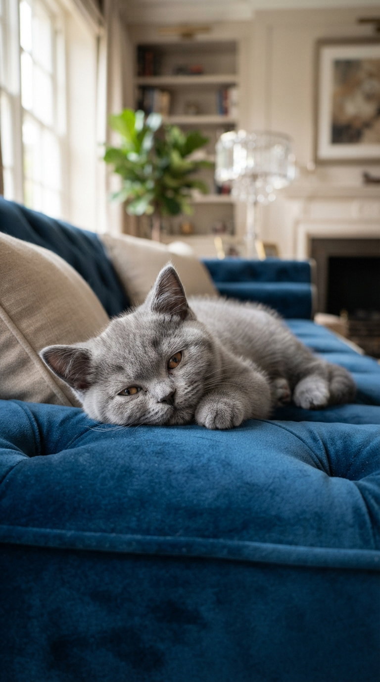 A British Shorthair cat lying comfortably on a blue velvet sofa, looking relaxed and cozy.