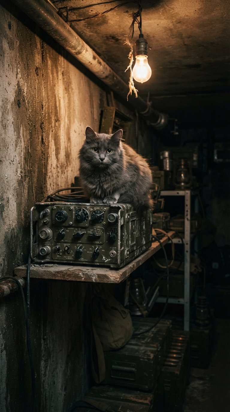 A gray cat sitting on a shelf with radio equipment in a dark, gritty basement