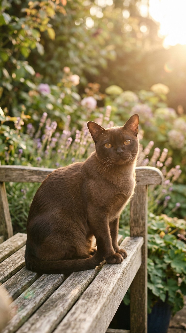 A brown cat sitting on a rustic wooden bench in a garden filled with flowers, illuminated by warm sunlight.