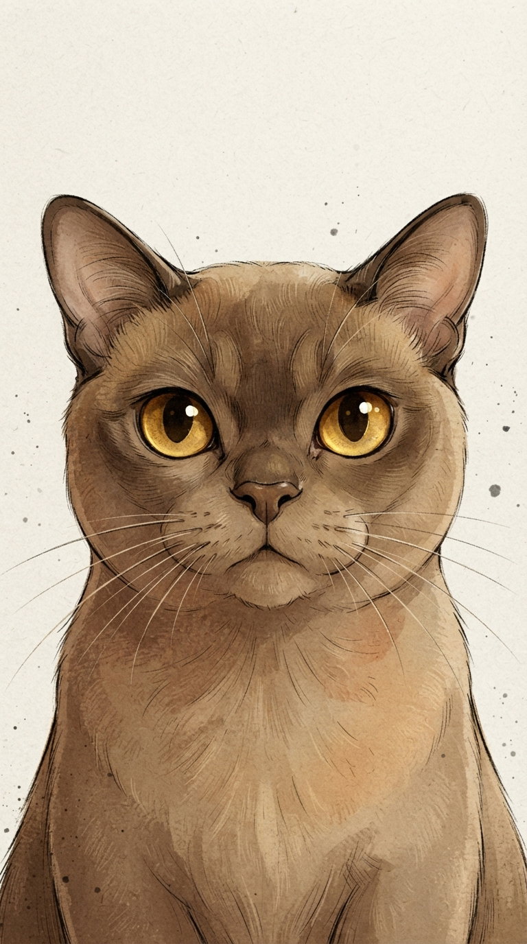 A detailed illustration of a Siamese cat with large, expressive golden eyes and a smooth coat, depicted against a light background.