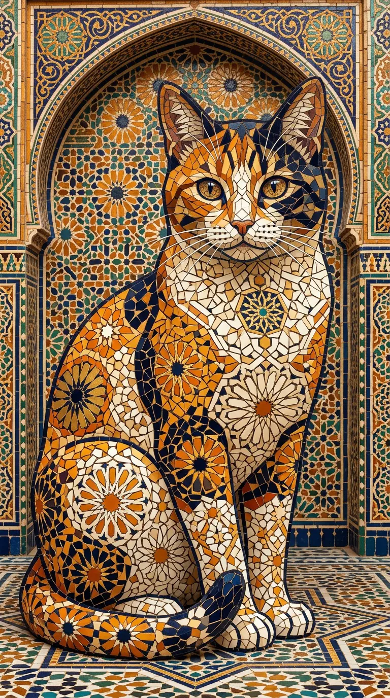 Intricate Mosaic Cat Art Depicting a Majestic Feline Figure