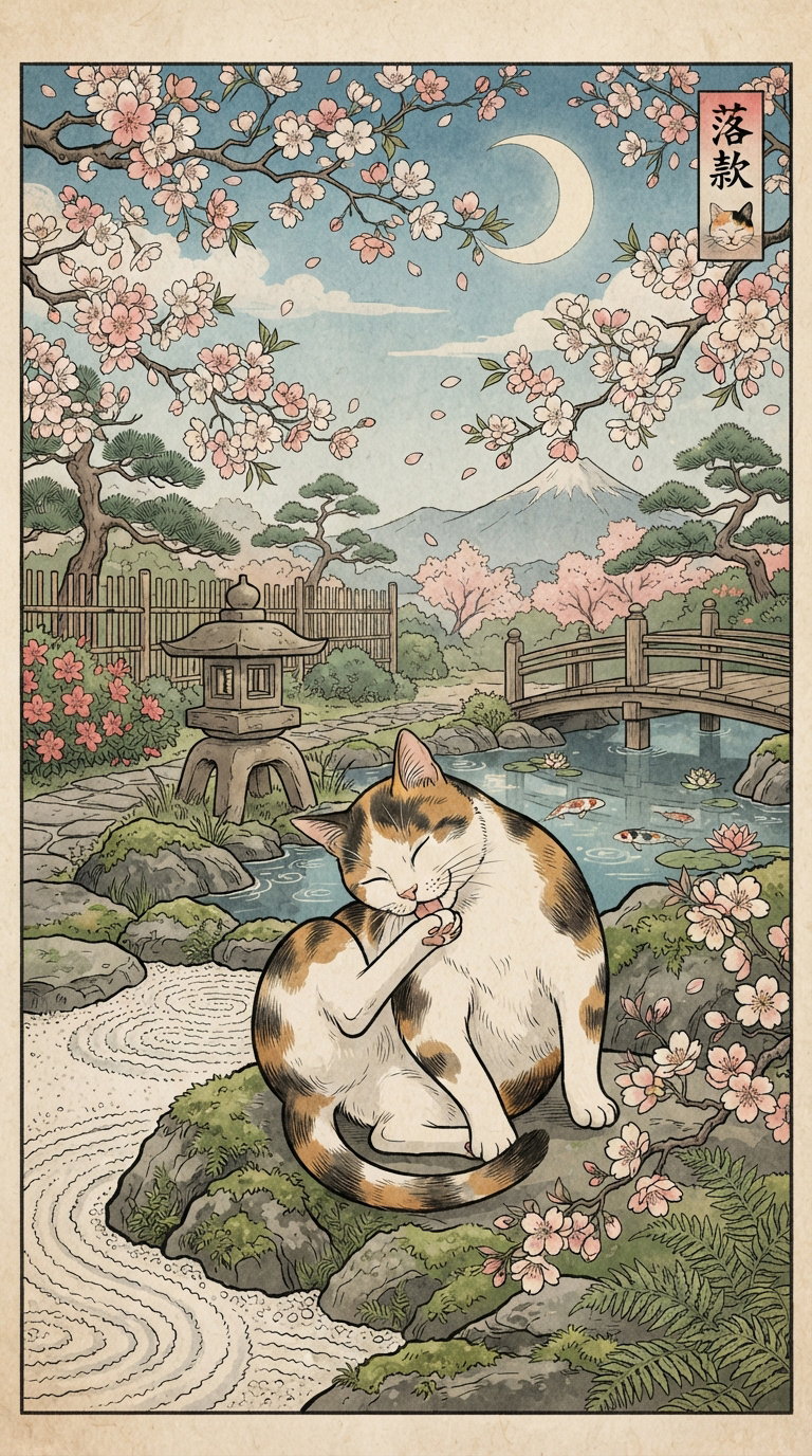 A calico cat cleaning itself in a tranquil Japanese garden, surrounded by cherry blossom trees and a serene pond.