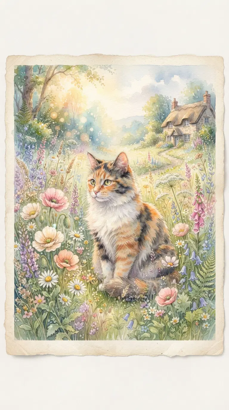 A Calico Cat in a Beautiful Flower Field