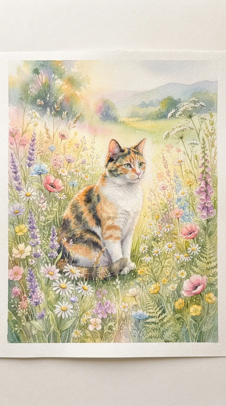 Beautiful Watercolor Illustration of a Calico Cat Among Wildflowers