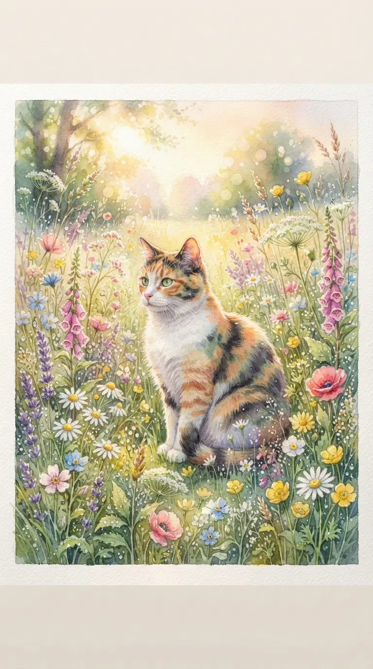 Calico Cat in a Colorful Floral Landscape