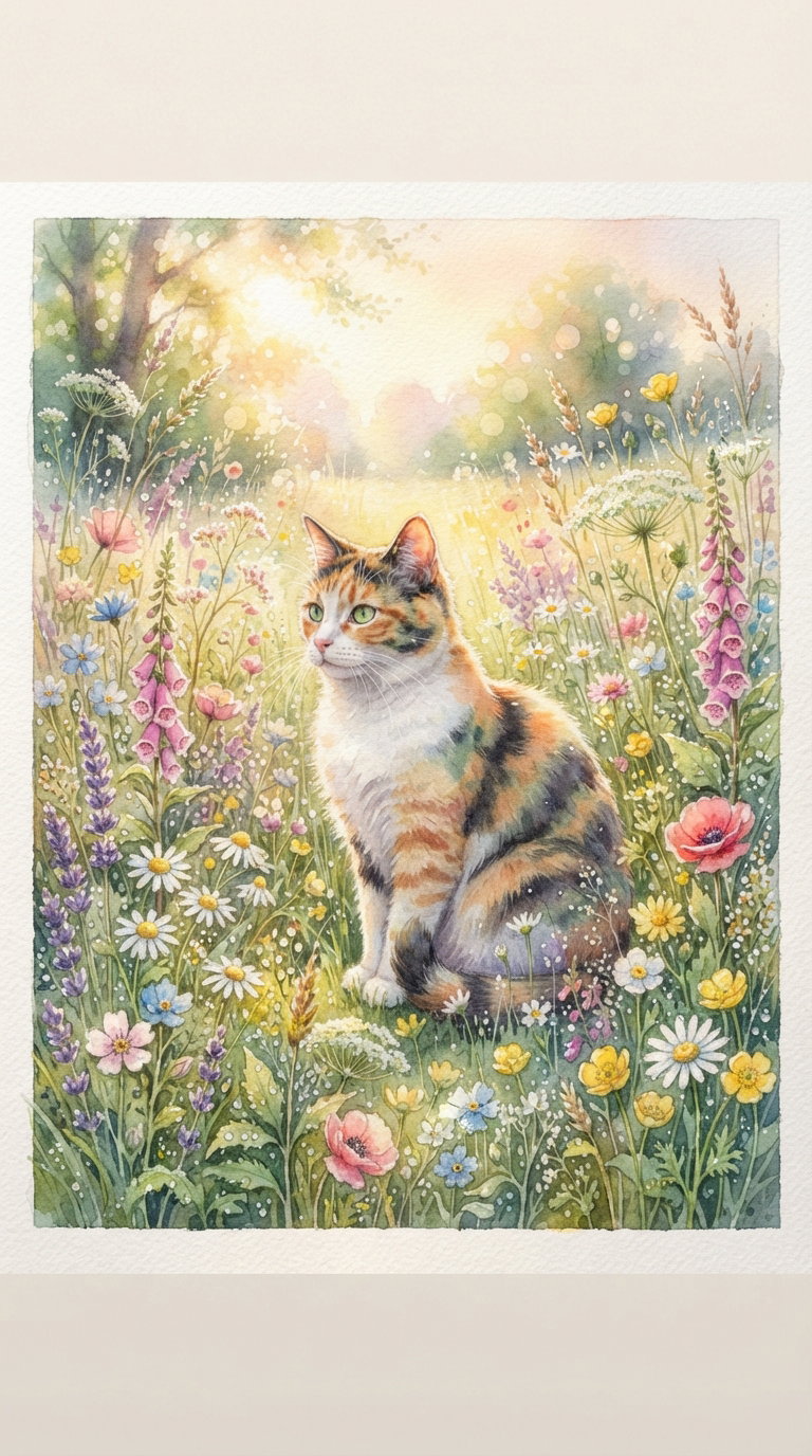 A calico cat sitting gracefully in a vibrant flower field, surrounded by colorful blooms and greenery.