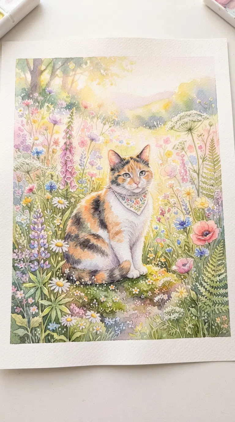 Calico Cat in a Blossoming Meadow