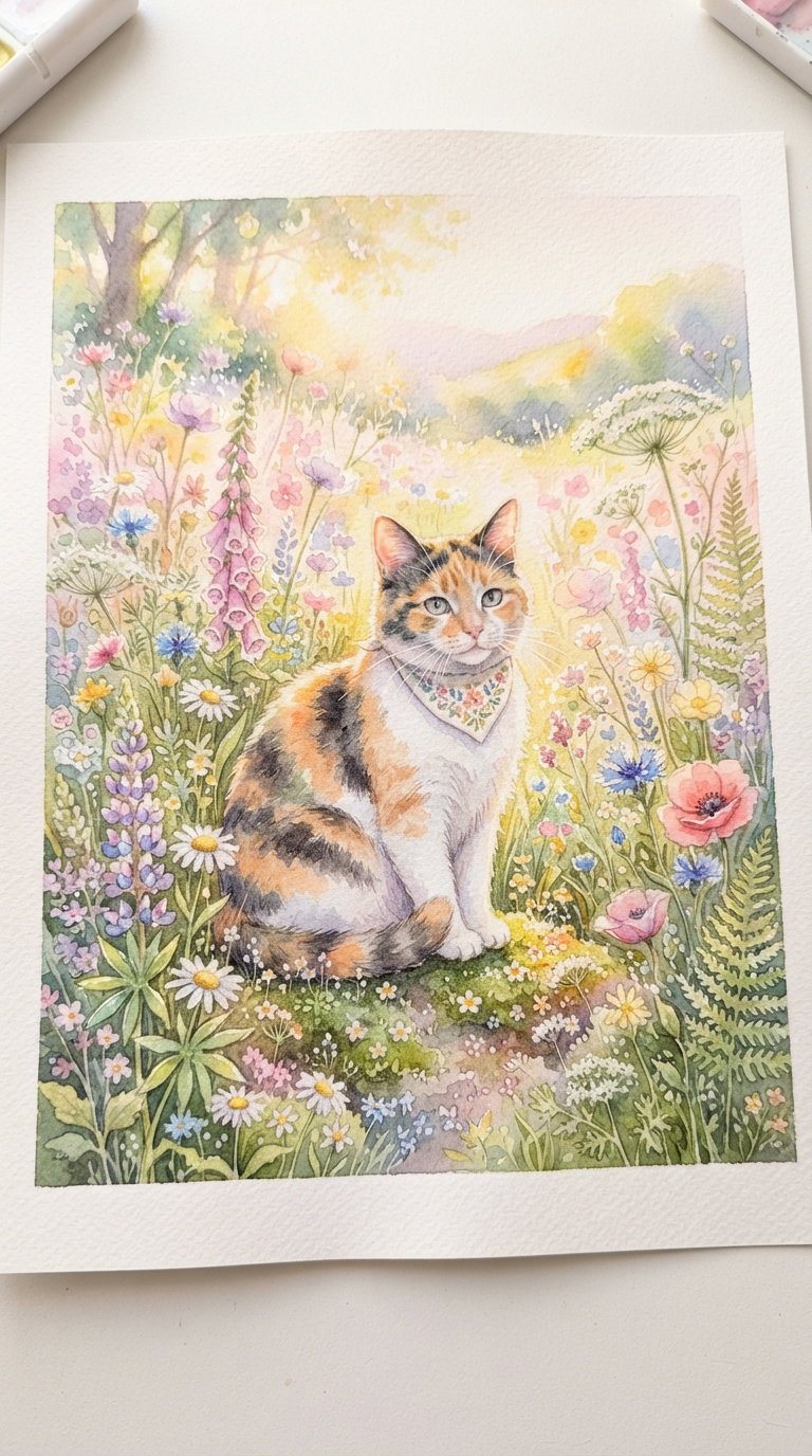 A calico cat sitting among colorful wildflowers in a vibrant meadow.