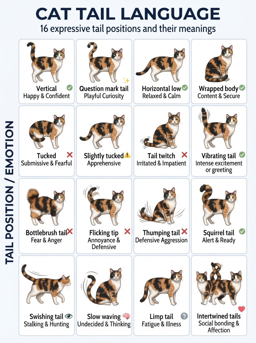 A chart displaying 16 different tail positions of cats along with their meanings, illustrated with various cat illustrations.
