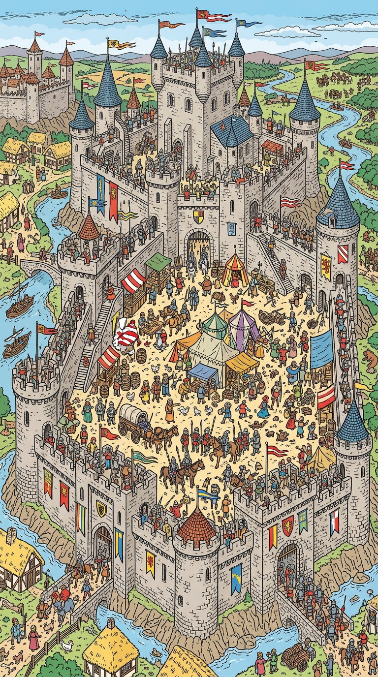 A detailed illustration of a medieval castle with various activities happening inside and around it, including people, horses, and tents, alongside cats interacting in the scene.