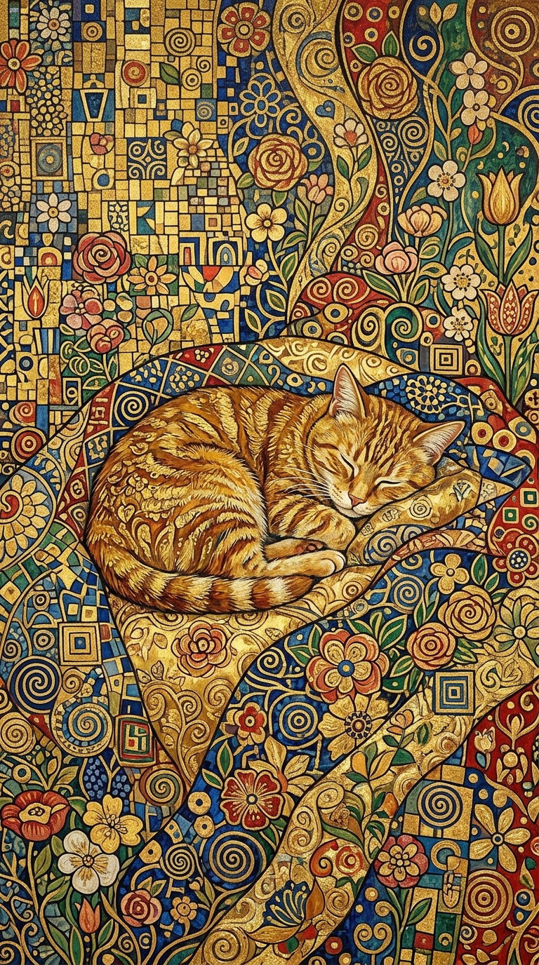 A sleeping orange tabby cat positioned on an ornate background filled with intricate floral and geometric patterns in gold and vibrant colors, reminiscent of Klimt's art style.