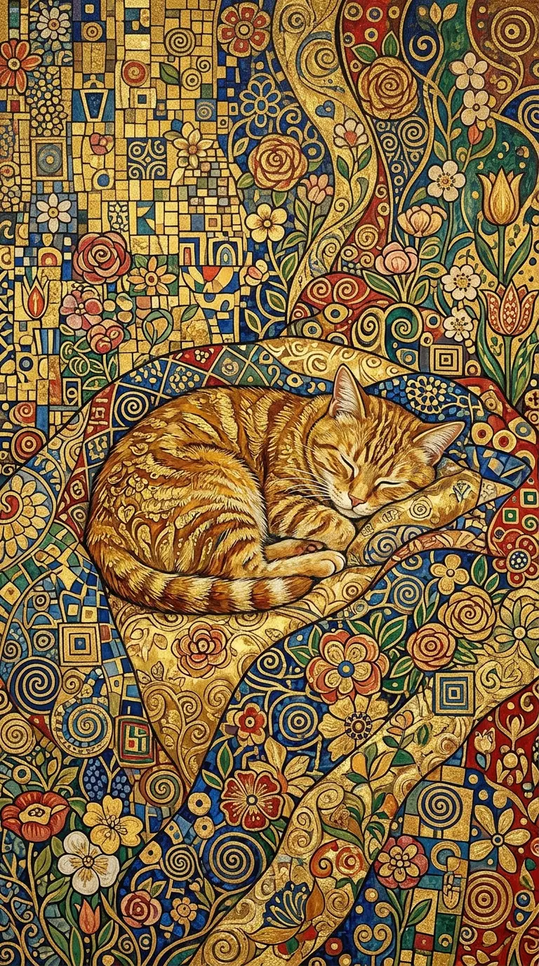 Golden Artistic Cat Illustration with Floral Patterns