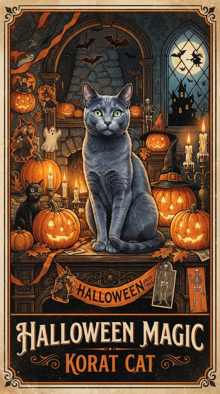 Halloween Magic featuring a Korat Cat among Pumpkins