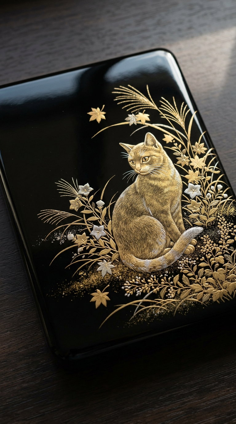 A beautifully detailed illustration of a cat with golden fur, surrounded by stylized flowers and leaves, set against a glossy black background.