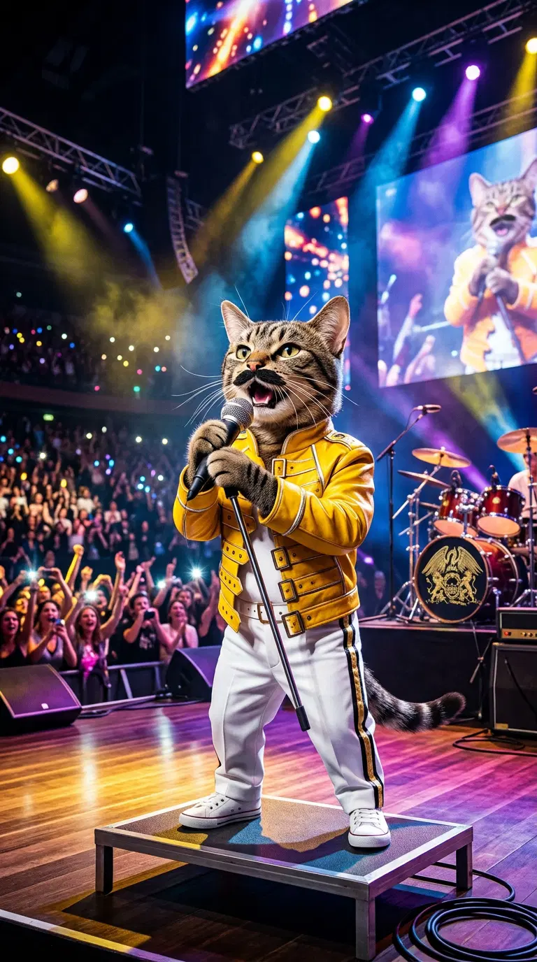 Cat Performing on Stage with Microphone in Concert Setting