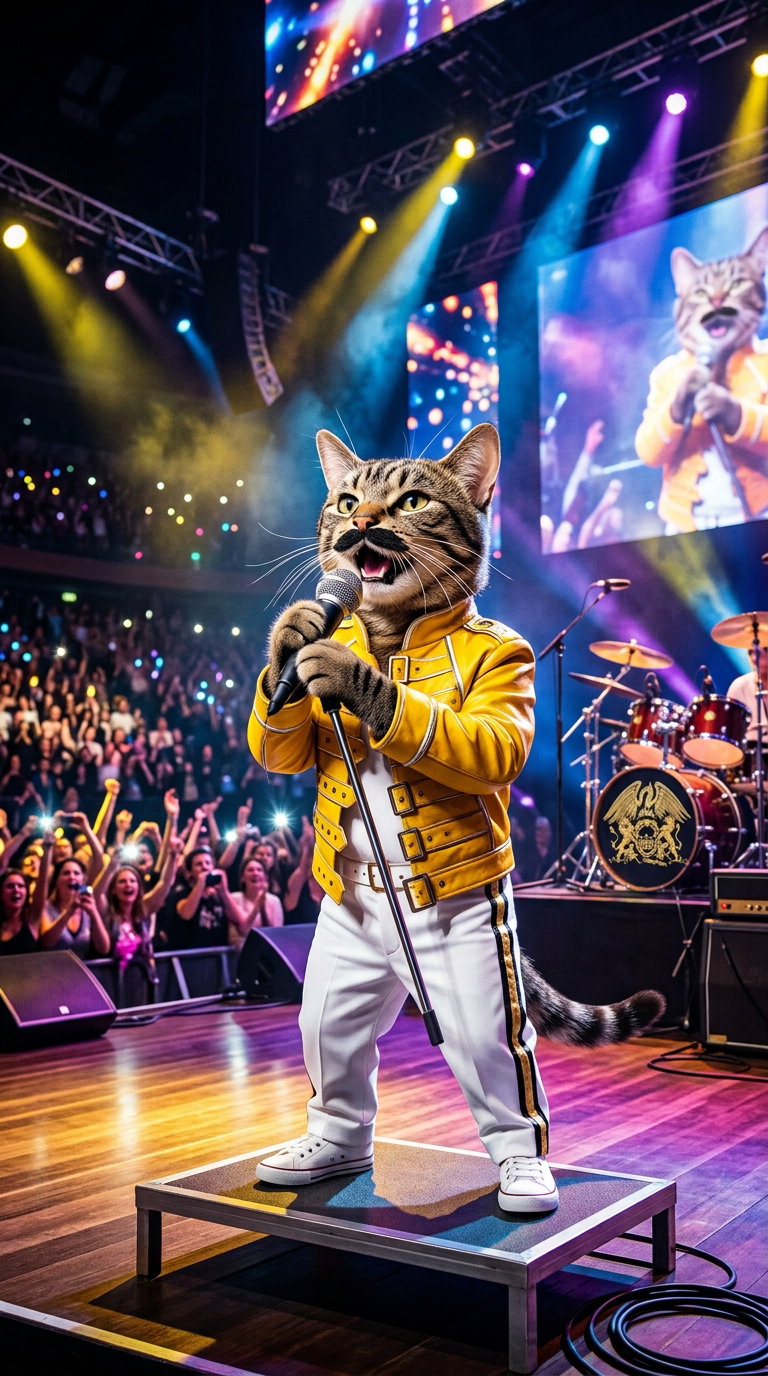 A cat dressed in a yellow jacket stands on stage, holding a microphone, with colorful lights and a cheering crowd in the background.