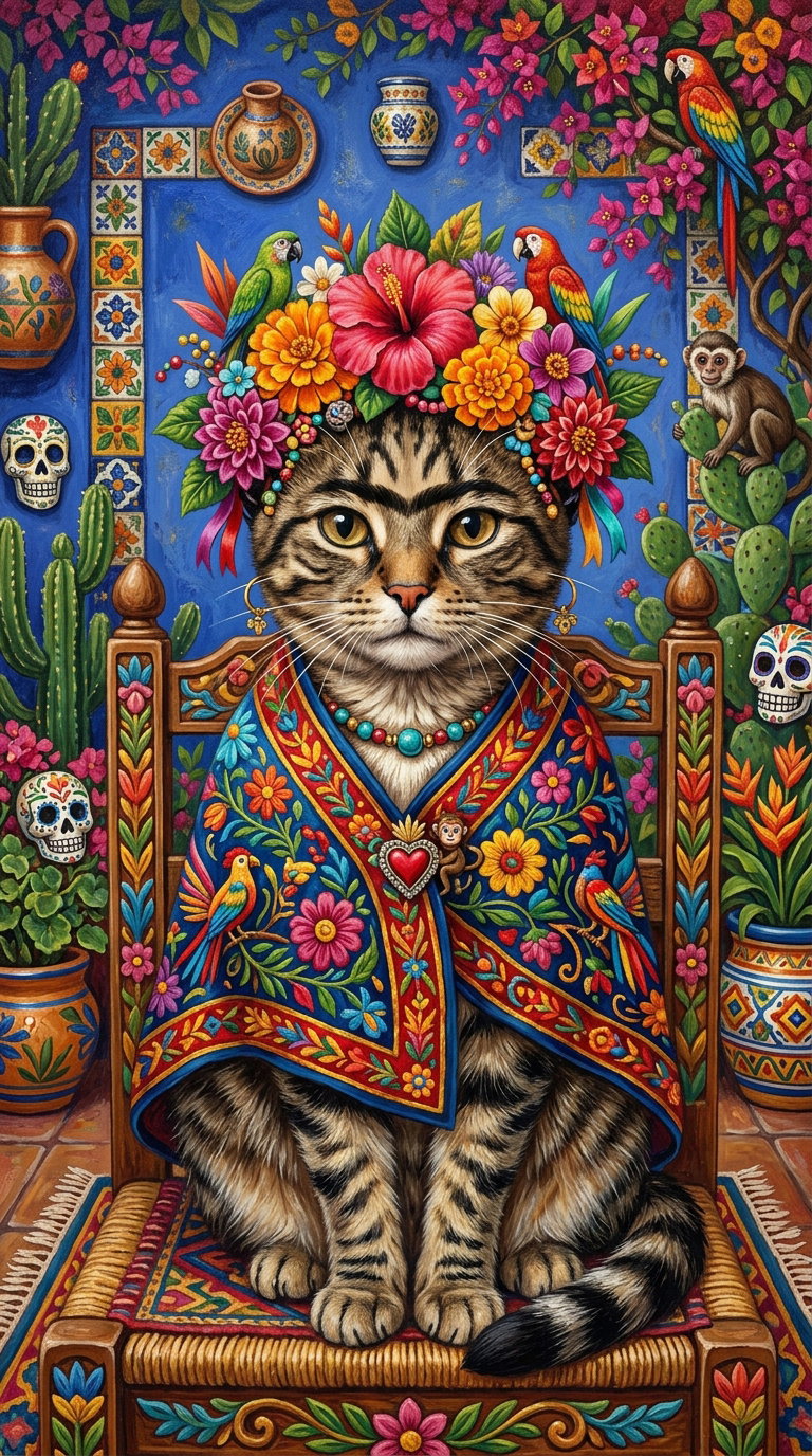 A decorated cat wearing a floral crown and colorful poncho, surrounded by plants and cultural motifs.