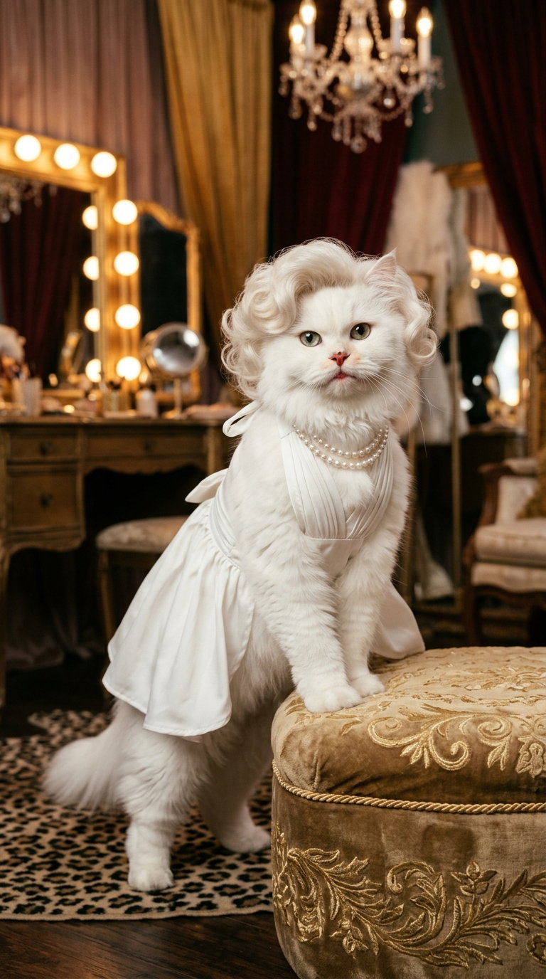 A fluffy white cat dressed in a white dress and pearls, standing elegantly in a luxurious dressing room with a vintage mirror and chandelier.